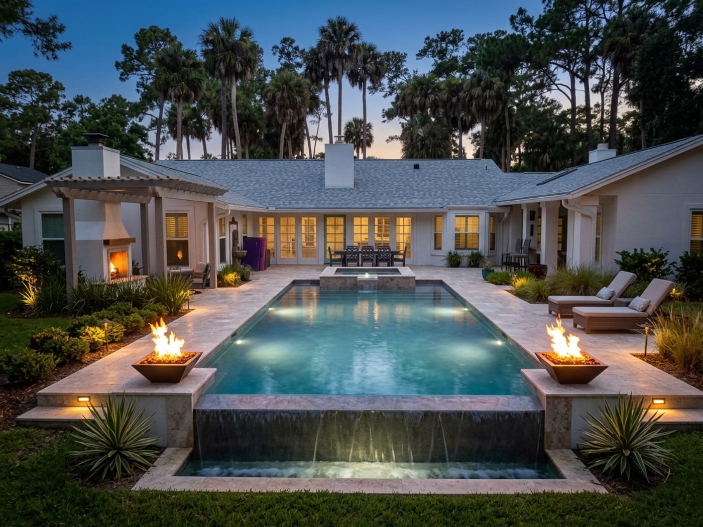 The same backyard at dusk with a negative-edge pool, spa and fire bowls added by PoolCast AI