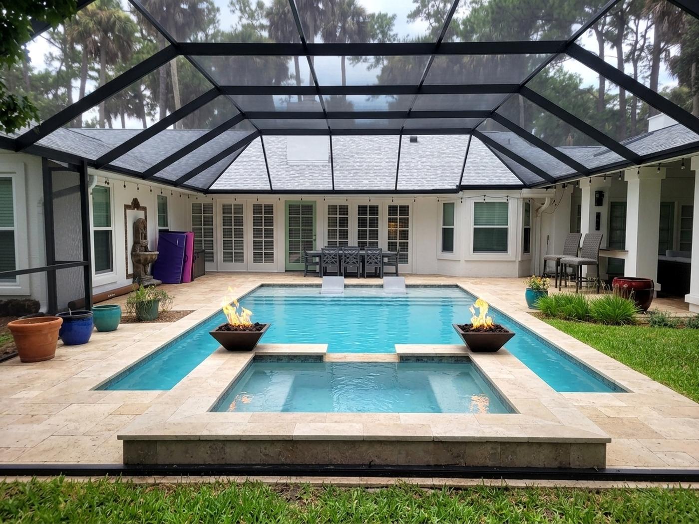 An evening backyard rendered by PoolCast AI